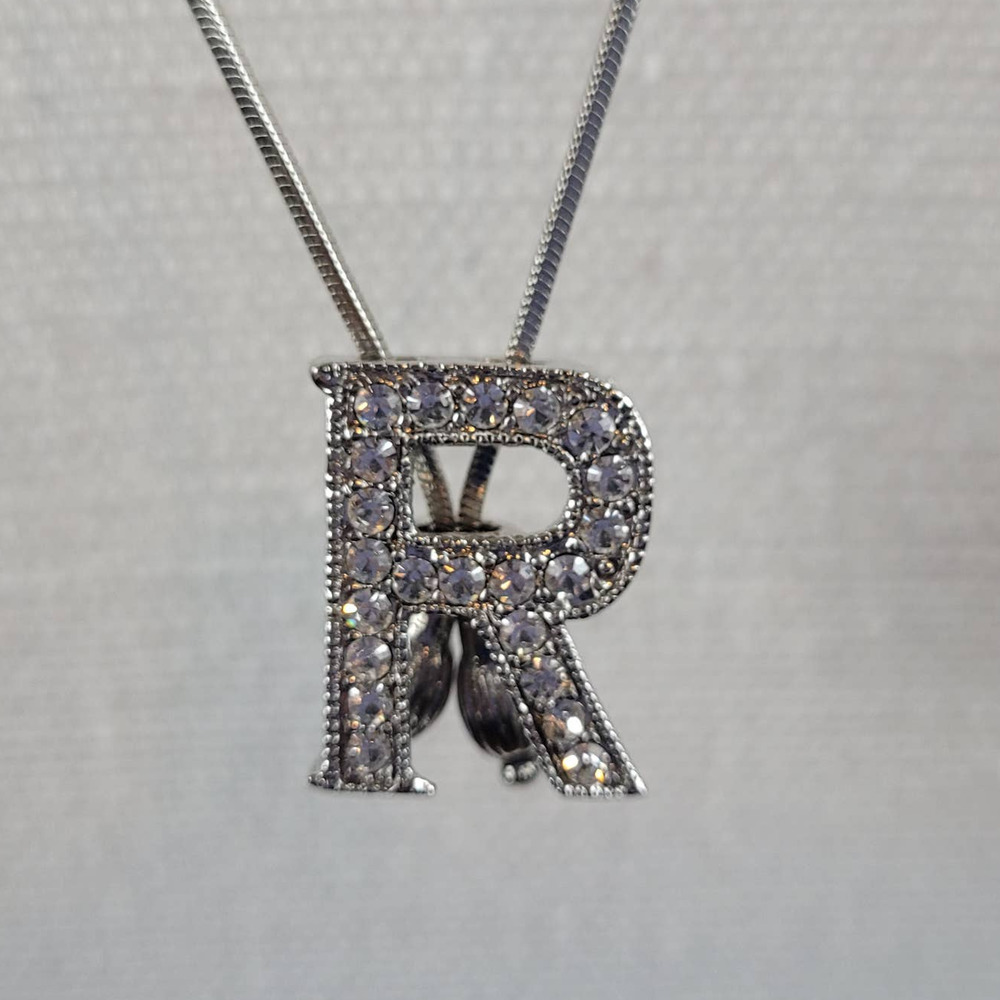 Silver Tone Initial Letter "R" Rhinestone Pendant Snake Chain Necklace - Picture 2 of 7